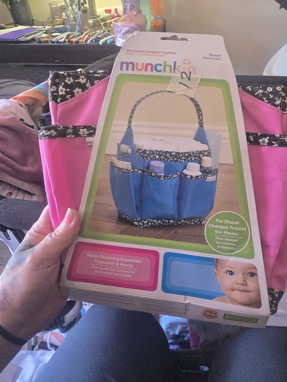 Munchkin Pink Diaper Caddy with Black & White Floral Trim
